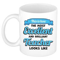 Cadeau koffie/thee mok - excellent leraar/mentor - wit - keramiek - 300 ml