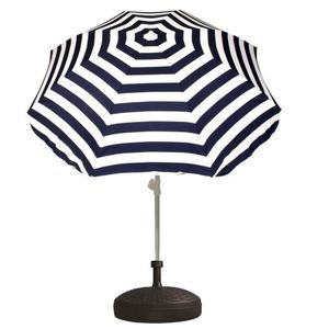 Voordelige set blauw/wit gestreepte parasol en parasolvoet zwart