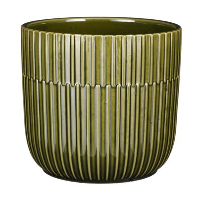 Mica Decorations - Plantenpot/bloempot - keramiek - groen - stripes patroon - D17,5 x H16 cm