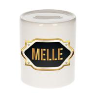 Spaarpot met voornaam Melle - wit - goud/zwart embleem - 8 x 9 cm - keramiek - afsluitdop