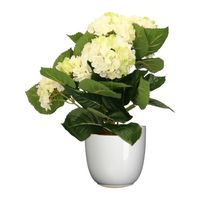Hortensia kunstplant/kunstbloemen 36 cm - wit/groen - in pot wit glans - Kunstplanten