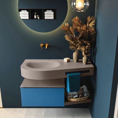 MONDIAZ RIVA 100cm badmeubel onderkast / planchet kleur Jeans met 1 lade. Wastafel DULCET links 0 kraangaten kleur Smoke.