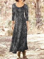 Jersey Ethnic Printed Crew Neck Long Dress - thumbnail