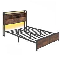 Tweepersoonsbedframe met Led-Verlichting en Oplaadstation Industrieel Platformbed met Opbergruimte in Het Hoofdeinde Metalen Lattenbodem Bedframe-200 x 140 cm