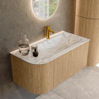 Mondiaz KURVE-DLUX 95 cm Onderkast Greeploos 1 Lade Met Deuren Oak, Wastafel Solid Surface Rechts Glace 1 Kraangat Zonder Spiegel (KRVBGS95L1L1D1KR-Oak/Gla)