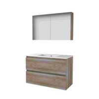 Basic-Line Comfort 46 Badkamermeubelset - 100 x 46 cm - Greeploos - 2 Lades - Keramische Wastafel - 1 Kraangat - Spiegelkast - Scotch Oak