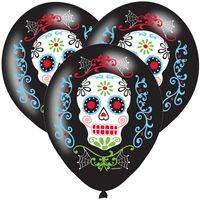 6x Zwarte horror ballonnen Day of the dead sugarskull print 27,5 cm - thumbnail