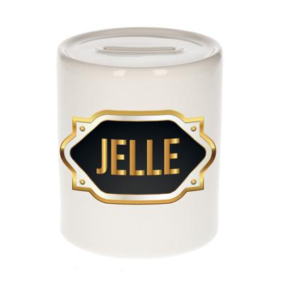 Spaarpot met voornaam Jelle - wit - goud/zwart embleem - 8 x 9 cm - keramiek - afsluitdop Spaarpot met voornaam Jelle - wit - goud/zwart embleem - 8 x 9 cm - keramiek - afsluitdop