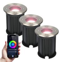 Set van 3 Smart Grondspots buiten - 5,5 Watt 345 lumen - RGBWW - Wifi + Bluetooth - Bestuurbaar via app - IP65 waterdicht - Google Home, Amazon Alexa en Siri - RVS