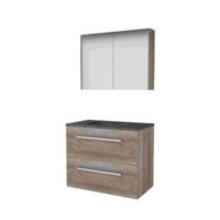 Basic-Line Comfort 46 Badkamermeubelset - 80 x 46 cm - Met Grepen - 2 Lades - Hardstenen Wastafel - Zonder Kraangat - Spiegelkast - Scotch Oak