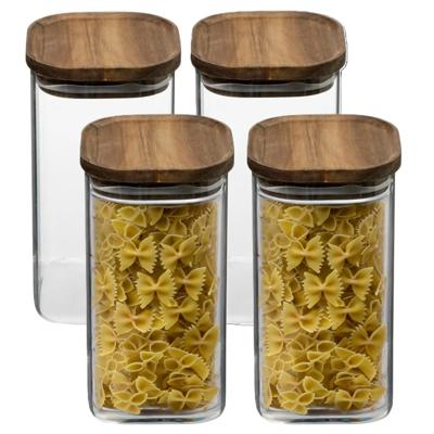 5Five Voorraadpot voedsel - 4x - glas met acacia houten deksel - 1600 ml - luchtdichte deksel