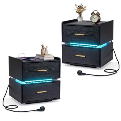 Nachtkastje met Oplaadstation LED-nachtkastje Modern Halfzwevend Bijzettafeltje set van Twee-Zwart