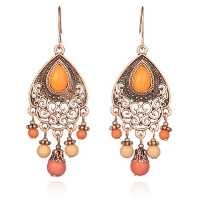 Goudkleurige Ibiza oorhangers oranje multicolor steentjes en kralen