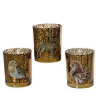 Theelichthouder glas met dieren goud