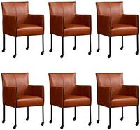 Set van 6 Cognac leren moderne kuipstoel More - poot rond zwart met wiel - Granada leer Savannah (cognac leer)