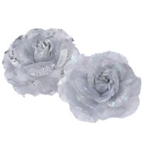 2x stuks decoratie bloemen rozen zilver op clip 9 cm - thumbnail