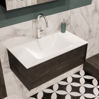 Mondiaz Lush Cloud badmeubel eiken donker bruin 80 cm 1 lade solid surface enkele spoelbak midden 1 kraangat