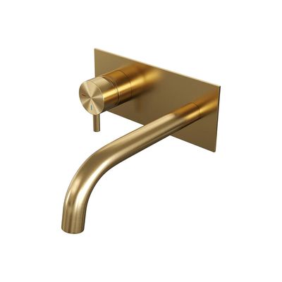 Inbouw Wastafelmengkraan Brauer Gold Edition Coldstart Gebogen Uitloop Korte Ronde Hendel Links Geborsteld Goud PVD Met Afdekplaat Brauer