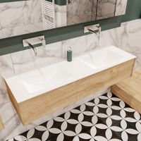 Mondiaz Lush Cloud badmeubel eiken licht 150 cm 1 lade solid surface dubbele spoelbak zonder kraangat