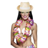 Hawaii thema party verkleedset - Strand strohoedje - en bloemenkrans kleuren mix - thumbnail