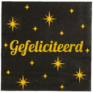 Verjaardag feest servetten - Gefeliciteerd - 16x stuks - zwart/goud - 17 x 19 cm