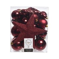 33x Donkerrode kerstballen met ster piek 5-6-8 cm kunststof mix - thumbnail