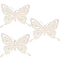 Kerstboomversiering Vlinder - 4x - 14 cm - wit glitter - op clip - ornament