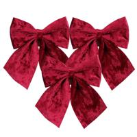 Kerst strik ornamenten - 3x - donkerrood - 20 x 24 cm - polyester fluweel - kerststrik - kerstversie