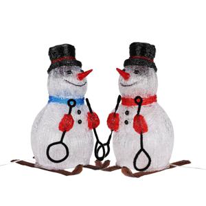 Kerstverlichting figuren - sneeuwpoppen - 2x st - op skies - 25 x 19 x 31 cm