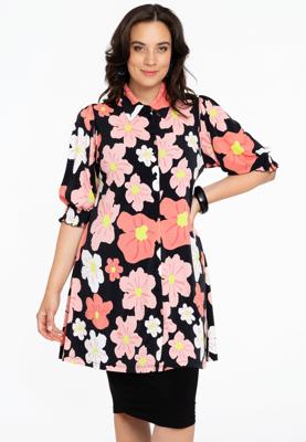 Yoek Blouse met pofmouw HIBISCUS | Zwart | Maat 54/56
