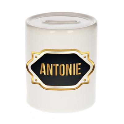 Spaarpot met voornaam Antonie - wit - goud/zwart embleem - 8 x 9 cm - keramiek - afsluitdop