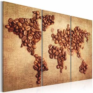 Schilderij - Wereldkaart - Wereldse Koffie II, 3luik , wanddecoratie , premium print op canvas