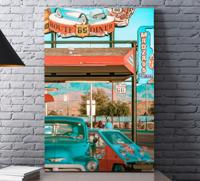 Canvas schilderij woonkamer Restaurant en auto's