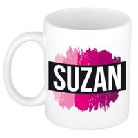 Naam cadeau mok / beker Suzan met roze verfstrepen 300 ml