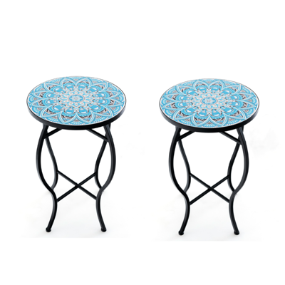 (Twee) Bijzettafel met Mozaïek voor Buiten Kleine 35 cm Ronde Salontafel met Keramisch Tegelblad Plantenstandaard Blauw (Twee) Bijzettafel met Mozaïek voor Buiten Kleine 35 cm Ronde Salontafel met Keramisch Tegelblad Plantenstandaard Blauw