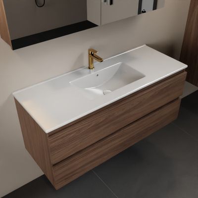 MONDIAZ AIVY 120cm badmeubel Mocha, wastafel glanzend wit keramiek midden 1 kraangat met spiegelkast (M60103 - AI-M120MOMI - AI-C120MOMI)