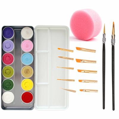 Schminken setje - schmink/grimeer palet met 12 kleuren -12x penselen/kwastjes - 2x sponsjes