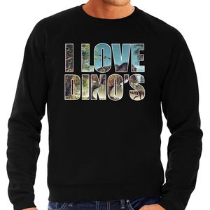 Tekst sweater I love dinosaurs met dieren foto van een dino zwart voor heren