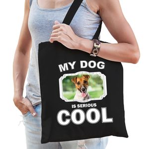 Jack russel honden tasje zwart volwassenen en kinderen - my dog serious is cool kado boodschappentas