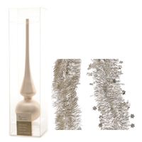 Kerstversiering glazen piek mat 26 cm en folieslingers pakket licht parel/champagne van 3x stuks - thumbnail