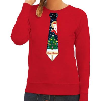 Bellatio Decorations Foute kersttrui - sweater - met stropdas kerst print - rood - voor dames