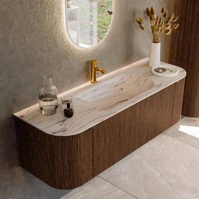 Badmeubel Mondiaz Kurve-Dlux | 140 cm | Meubelkleur Walnut | Wastafelkleur Nata | Solid surface | Wasbak midden spoelbak | 1 kraangat