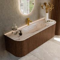 Badmeubel Mondiaz Kurve-Dlux | 140 cm | Meubelkleur Walnut | Wastafelkleur Nata | Solid surface | Wasbak midden spoelbak | 1 kraangat