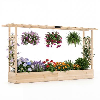 Verhoogde Houten Tuinbak met Latwerk en Hangend Dak Afwateringsgaten Plantenbak van Vurenhout 220 x 35 x 114 cm-Naturel