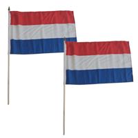 Luxe grote zwaaivlaggen Nederland - 2x - 30 x 45 cm - op lange stok - feestartikelen