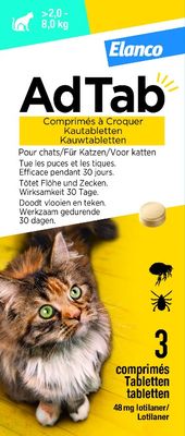 AdTab kauwtablet tegen teken en vlooien voor katten van 2 tot 8 kg
