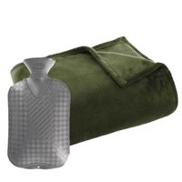 Fleece deken/plaid Olijf groen 125 x 150 cm en een warmwater kruik 2 liter