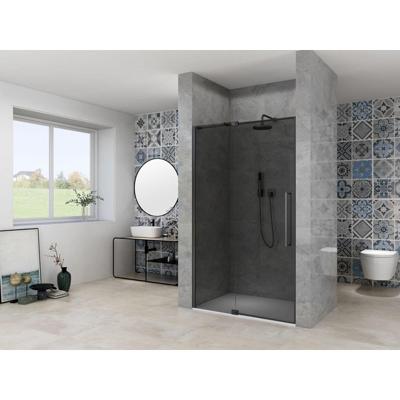 Van Rijn Products ST08 Nis Draaideur - 90x200cm - grijs rookglas - dikte 8mm - 2 delig - muurprofiel - stabilisatiestang - Zwart ST0830090GRZW