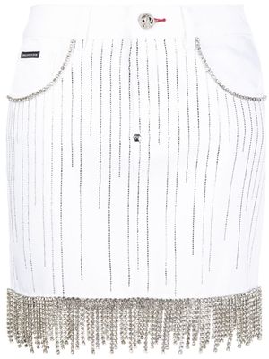 Philipp Plein jupe en jean à ornements - Blanc