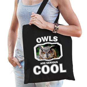 Katoenen tasje owls are serious cool zwart - uilen/ uil cadeau tas